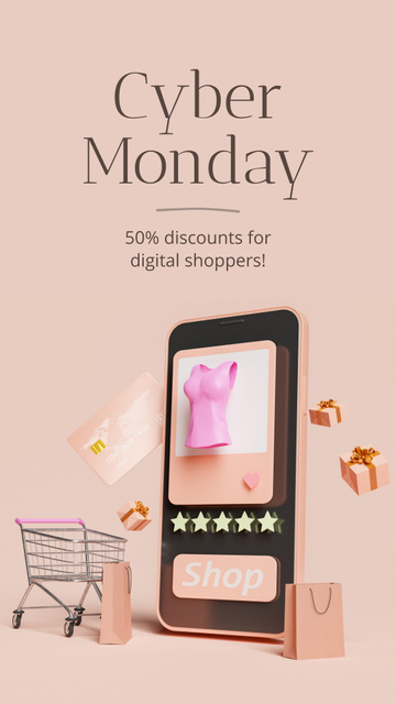 Cyber Monday Sale with Rating and Purchase on Phone Screen Instagram Video Story Šablona návrhu