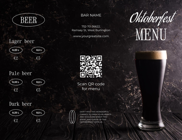 Oktoberfest Celebration Announcement with Dark Beer Menu 11x8.5in Tri-Fold – шаблон для дизайну