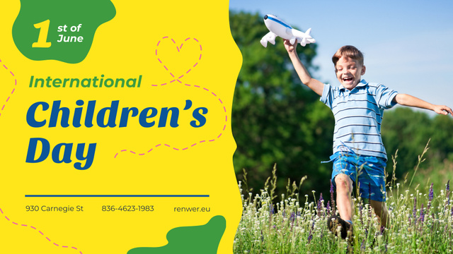 Designvorlage Children's Day Greeting Boy Playing with Toy Plane für FB event cover