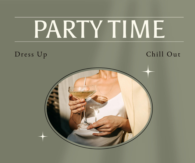 Party Announcement with Attractive Woman holding Champagne Facebook Design Template