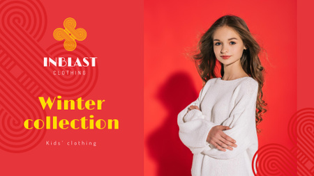 Platilla de diseño Kids' Clothes Ad with Girl in Warm Sweater Presentation Wide