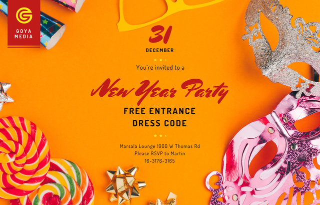 Plantilla de diseño de New Year Party With Shiny Bright Decorations Invitation 4.6x7.2in Horizontal 