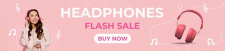 Woman in Modern Pink Headphones Ebay Store Billboard Modelo de Design