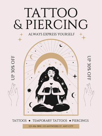 Kreatív tetoválás és piercing szolgáltatások kedvezménnyel a stúdióban Poster US tervezősablon