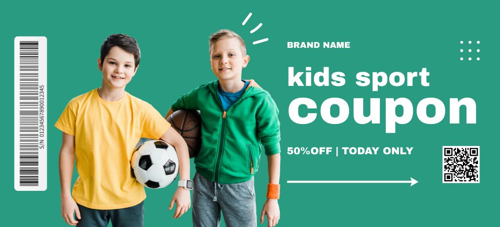 Children’s Sports Store Discount with Kids in Uniform Coupon 3.75x8.25in – шаблон для дизайну