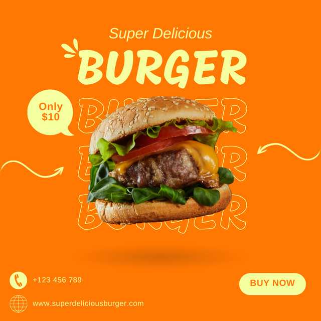 Fast Food Offer with Delicious Burger on Orange Instagramデザインテンプレート