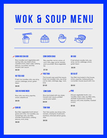 Wok And Soup Dishes List With Icons Menu 8.5x11in Design Template
