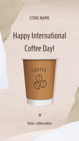 Kansainvälisen kahvipäivän tervehdys paperikupilla Instagram Story Design Template