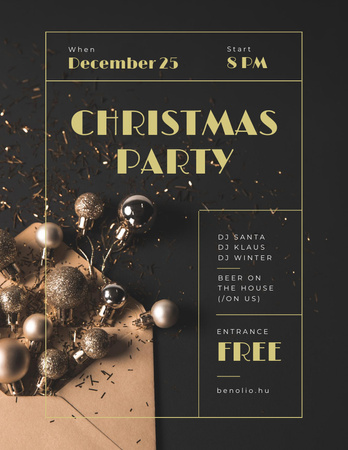 Christmas Party Invitation Shiny Golden Baubles Flyer 8.5x11in Design Template