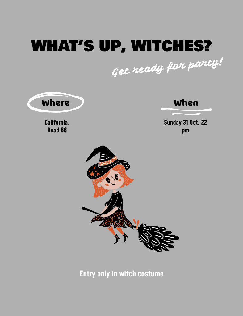 Plantilla de diseño de Halloween Party Announcement with Witch on Grey Invitation 13.9x10.7cm 