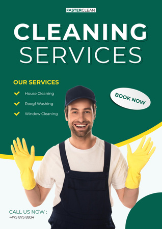 Clearing Service Offer with Man in Yellow Gloves Poster tervezősablon