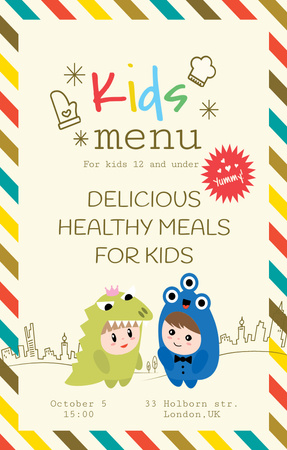 Kids menu offer with Children in costumes Invitation 4.6x7.2in Design Template