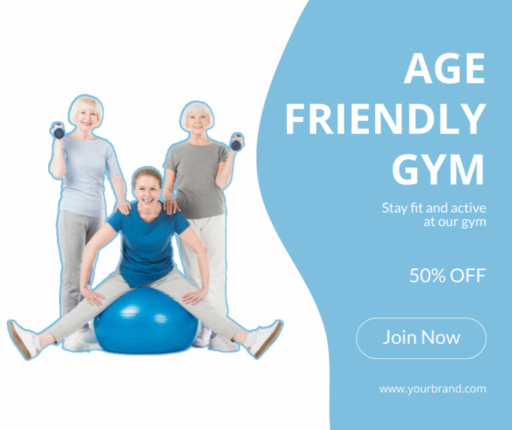 Age-Friendly Gym Services Sale Offer With Equipment Facebookデザインテンプレート