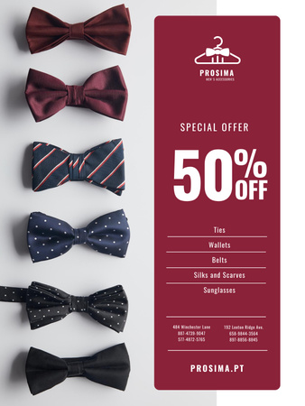 Men's Accessories Sale Offer with Bow-Ties in Row Poster US Design Template