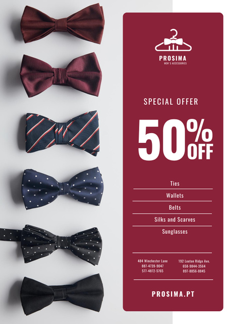 Men's Accessories Sale Offer with Bow-Ties in Row Poster US Πρότυπο σχεδίασης