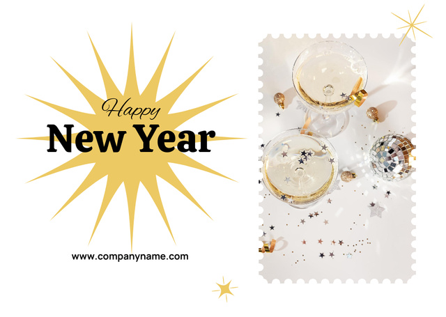 New Year Holiday Greeting with Champagne in Wineglasses Postcard Design Template