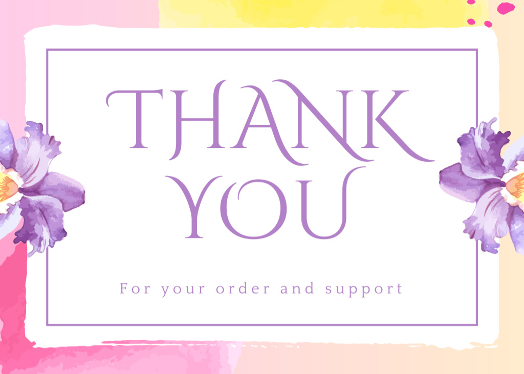 Ontwerpsjabloon van Postcard 5x7in van Message Thank You For Your Order with Purple Flowers