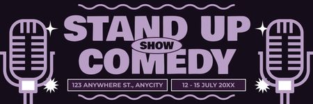 Modèle de visuel Publicité pour un spectacle d'humour stand-up avec microphones en violet - Twitter