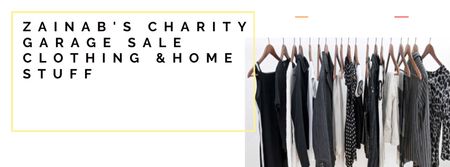 Charity Sale Announcement with Black Clothes on Hangers Facebook cover Modelo de Design