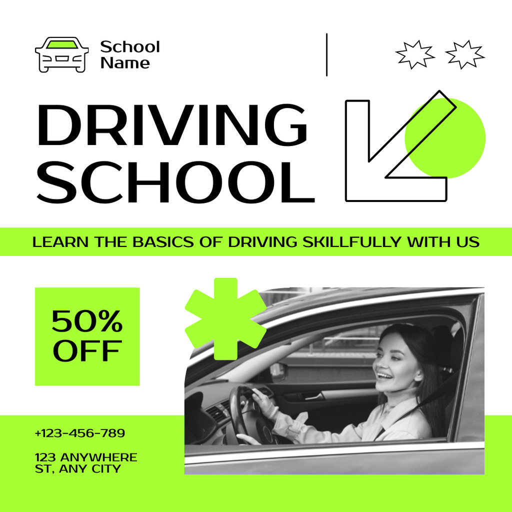 Designvorlage Driving School Basics Course With Discount Offer für Instagram