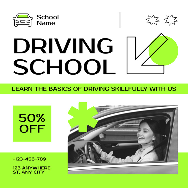 Driving School Basics Course With Discount Offer Instagram Tasarım Şablonu