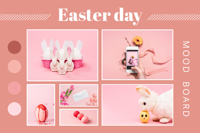 Easter Collage with Toy Rabbits and Easter Eggs on Pink Mood Boardデザインテンプレート