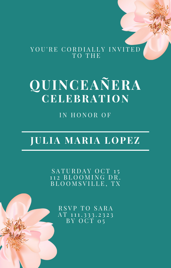 Graceful Quinceañera Celebration Announcement With Florals Invitation 4.6x7.2in Design Template