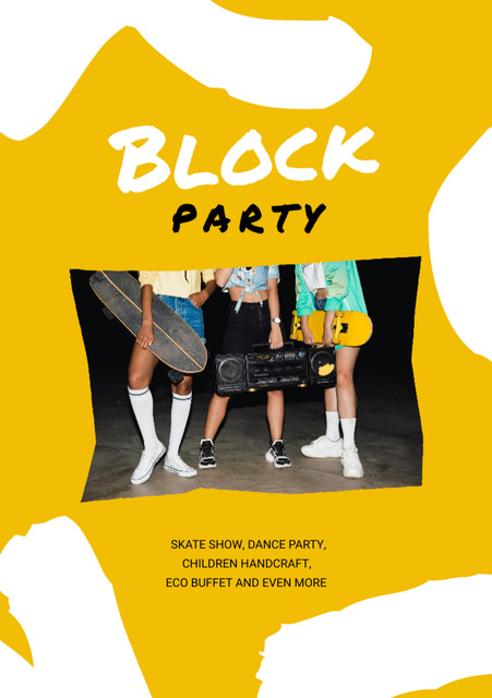 Block Party Announcement with Girls with Skateboard and Boombox Flyer A5 – шаблон для дизайна