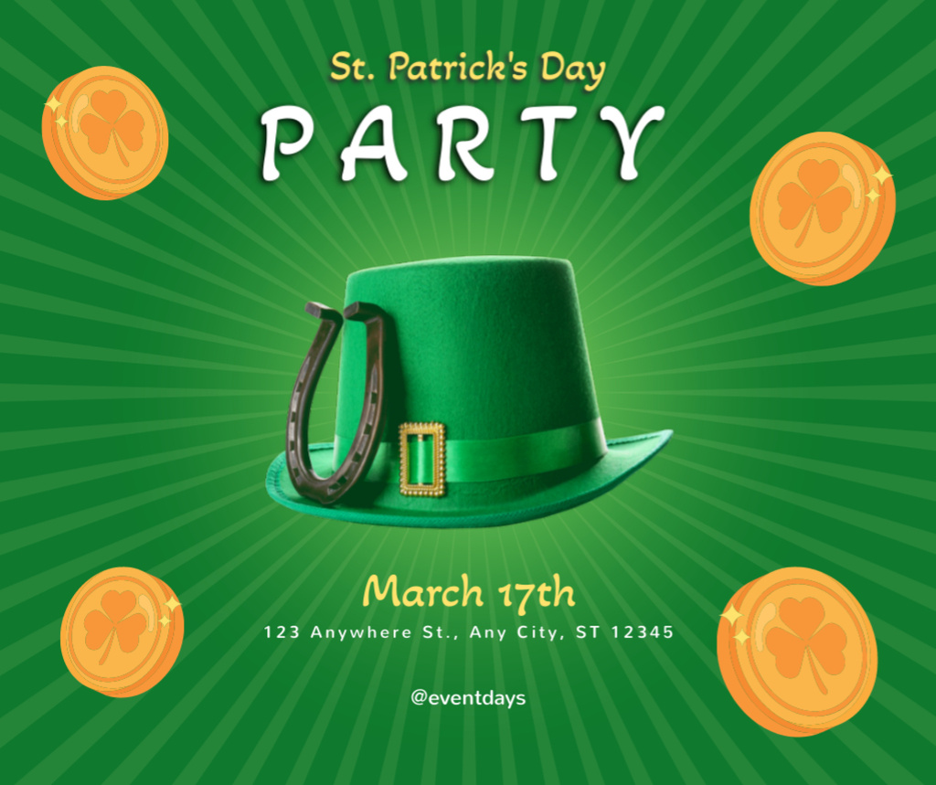 St. Patrick's Day Party Announcement with Hat and Horseshoe Facebook Modelo de Design