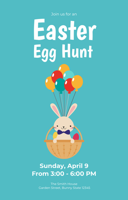 Ontwerpsjabloon van Invitation 4.6x7.2in van Easter Egg Hunt Ad with Cute Rabbit in Basket with Balloons