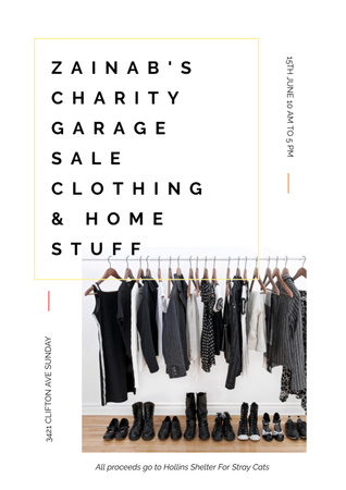 Plantilla de diseño de Charity Sale Announcement with Black Clothes on Hangers Flyer A4 