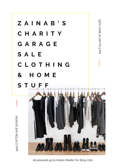 Charity Sale Announcement with Black Clothes on Hangers Flyer A4 Modelo de Design
