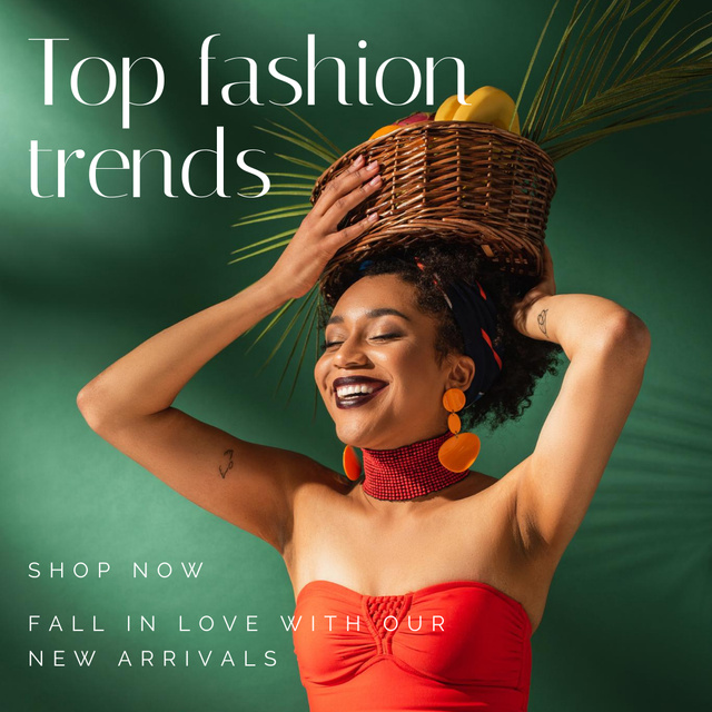 Designvorlage Young African American Woman Holding Basket with Exotic Fruits für Instagram