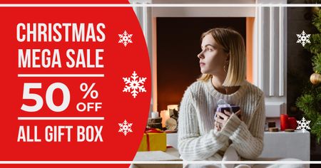 Christmas Big Sale Young Woman Holding Gift Facebook AD Design Template