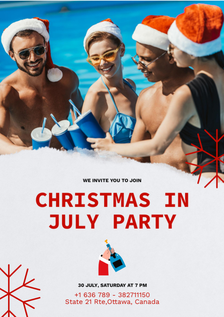 Friends in Pool Celebrating Christmas in Summer Flyer A4 Šablona návrhu