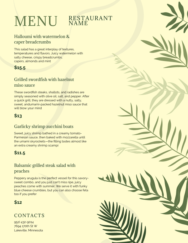Green and Yellow Restaurant Dishes List Menu 8.5x11in Design Template