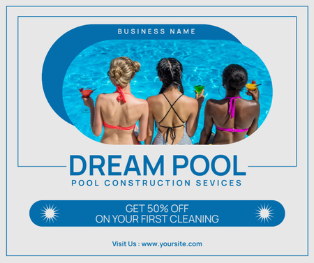 Designvorlage Pool Building Service with Young Women in Swimsuits für Facebook