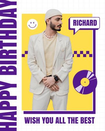 Szablon projektu Życzenia urodzinowe dla mężczyzny na żółto-fioletowym Instagram Post Vertical