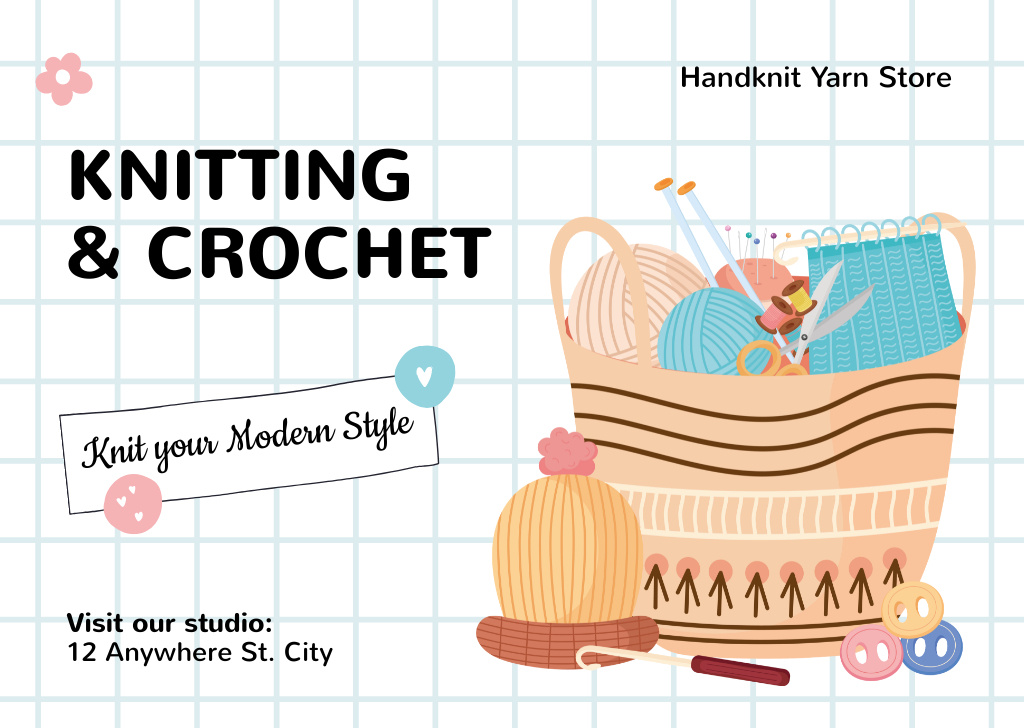 Ontwerpsjabloon van Card van Knitting And Crochet Offer With Skeins Of Yarn