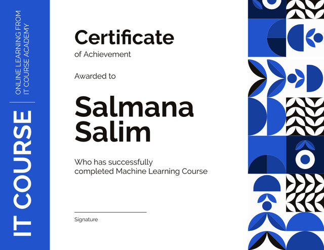 Award for Completion Machine Learning Course Certificate Tasarım Şablonu