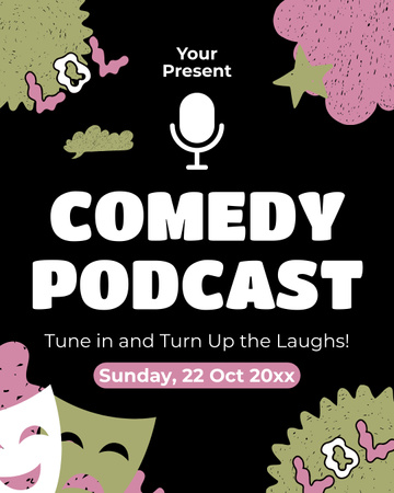 Plantilla de diseño de Oferta Podcast de comedia en negro Instagram Post Vertical 