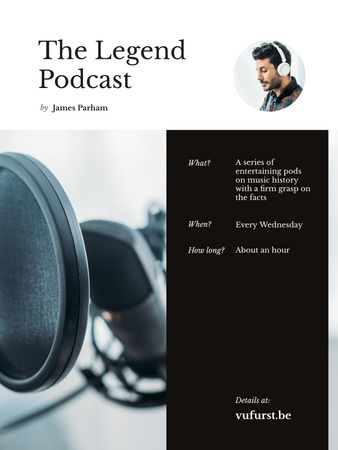 Podcast Annoucement with Man in headphones Poster US Modelo de Design