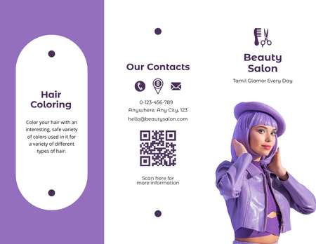Template di design Servizi di colorazione dei capelli con donna in abito viola Brochure 8.5x11in