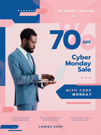 Ontwerpsjabloon van Poster US van Cyber Monday Sale Announcement with Man typing on Laptop