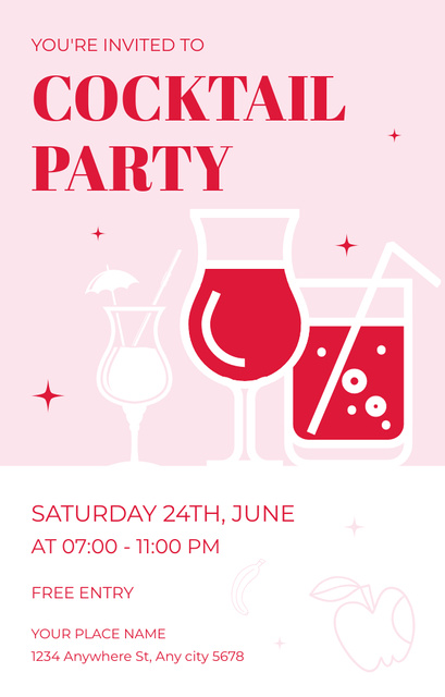 Simple Illustration of Drinks on Cocktail Party Ad Invitation 4.6x7.2in Design Template