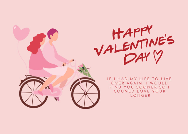Designvorlage Happy Valentine's Day Greeting With Couple On Bicycle with Flowers für Postcard 5x7in