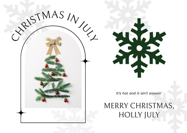 Merry Christmas in July Greeting Card with Green Snowflake Postcard Design Template