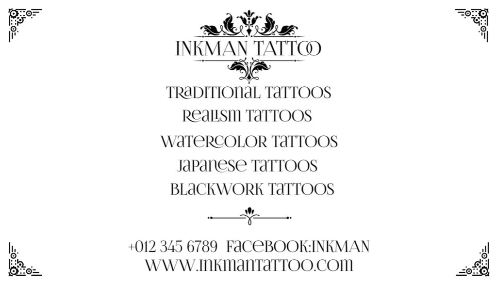 Designvorlage Tattoo Salon Offer on Elegant White Layout für Business Card US