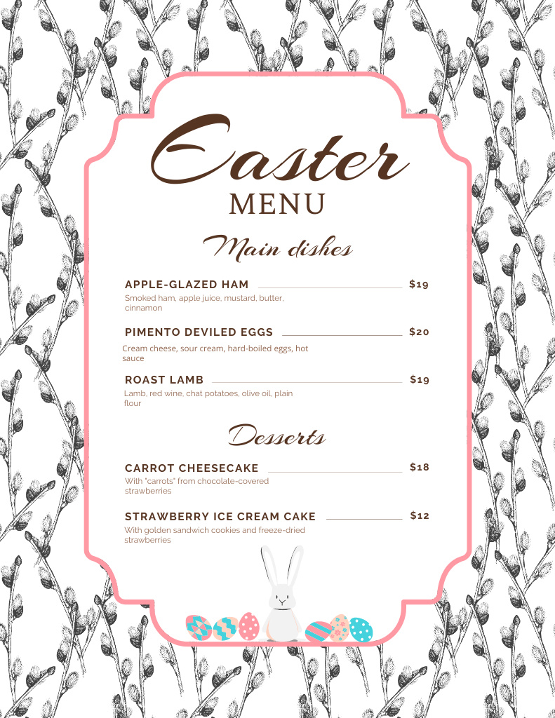 Offer of Easter Foods with Pussy Willow Pattern Menu 8.5x11in Tasarım Şablonu