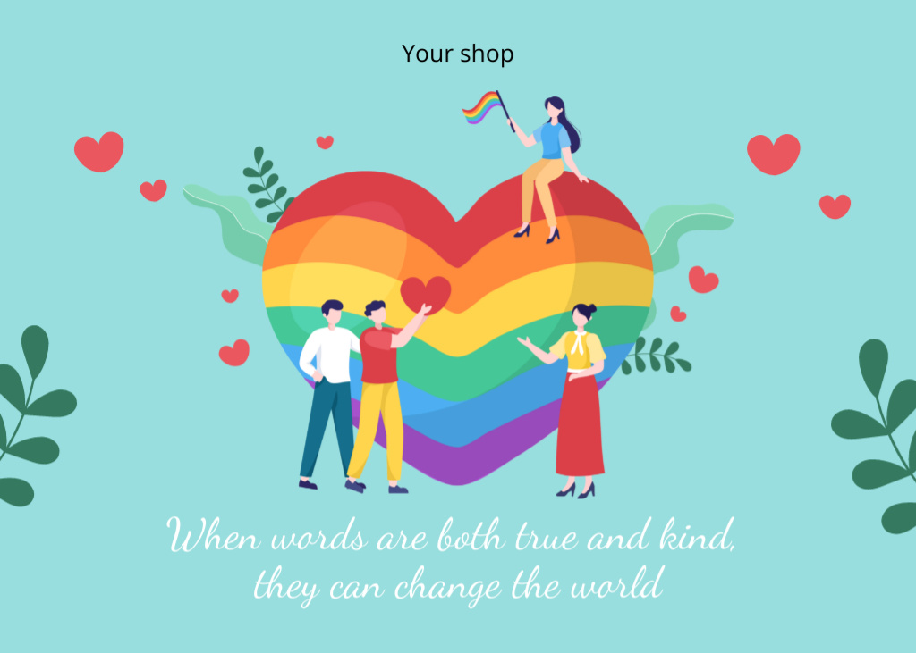 LGBT People with Rainbow Heart in Leaves Postcard 5x7in Design Template
